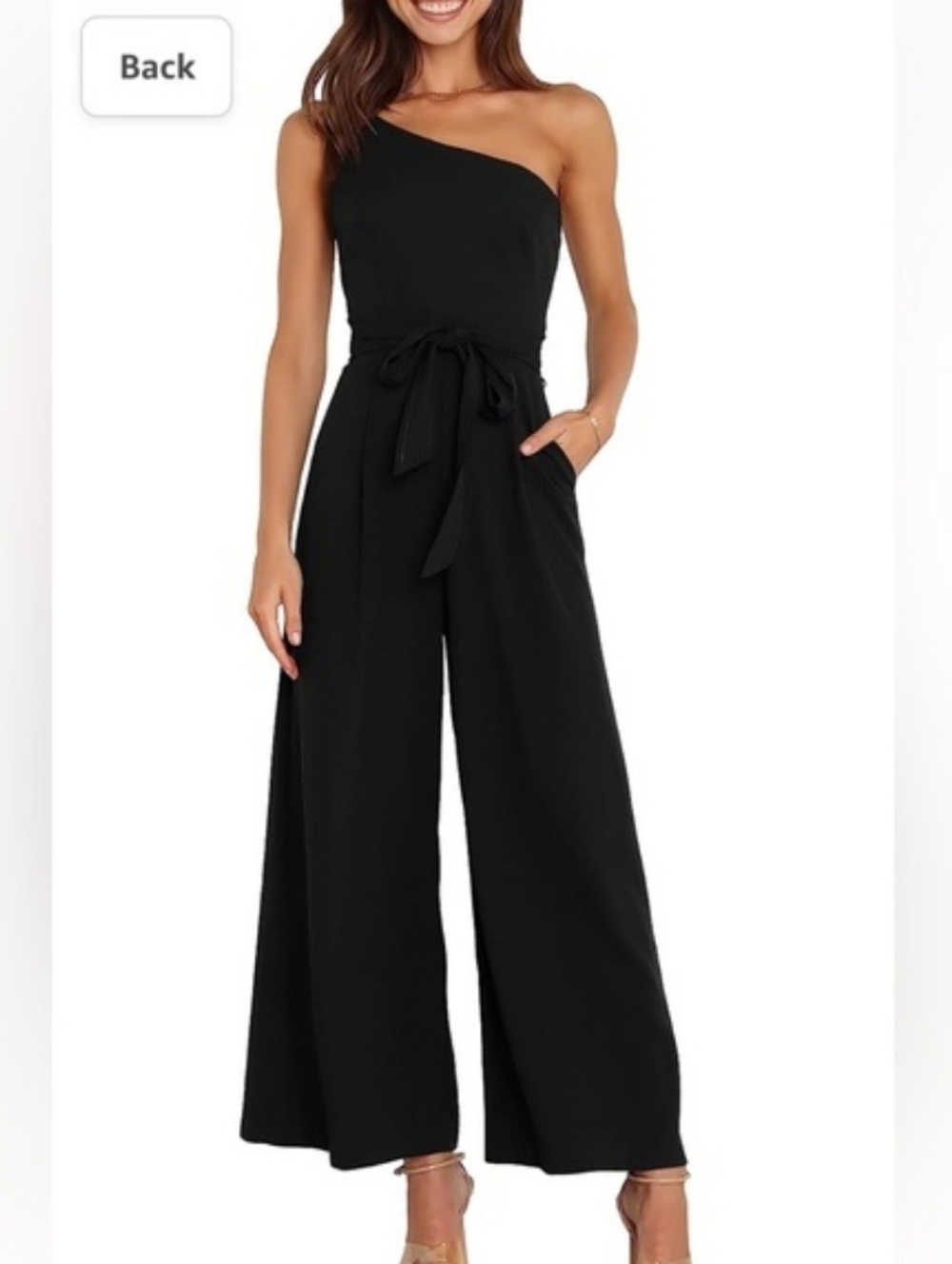 Y2K Boho One-Shoulder Black Wide-Leg Jumpsuit Waist Tie Wedding Festival Goth